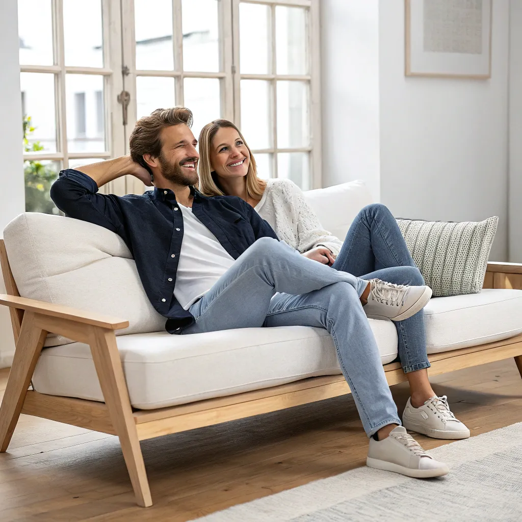A delighted couple with their new Scandinavian sofa