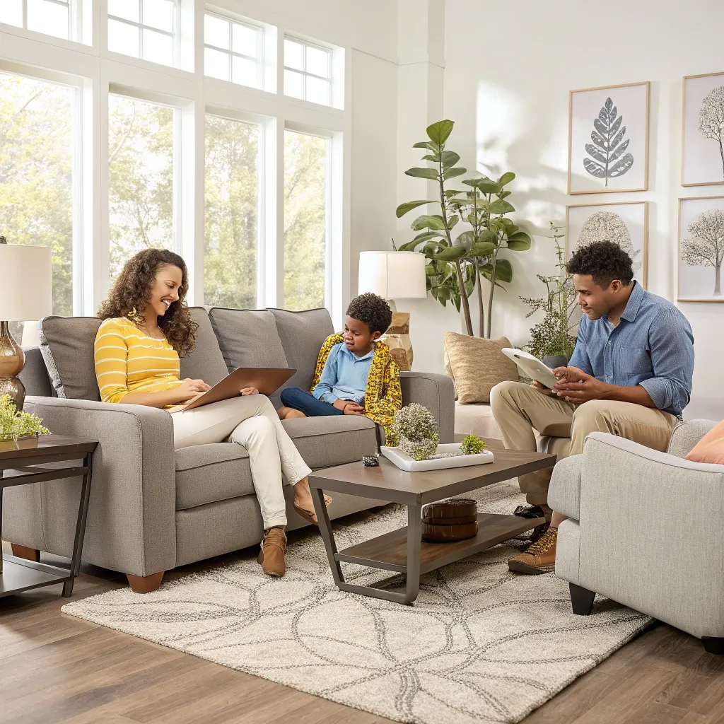 Happy family enjoying their new furniture set